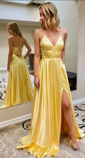 Debutante Evening Dress -Yellow Simple Prom Dress with Lace up back Long Prom Dresses 8th Graduation Dress Formal Dress C69