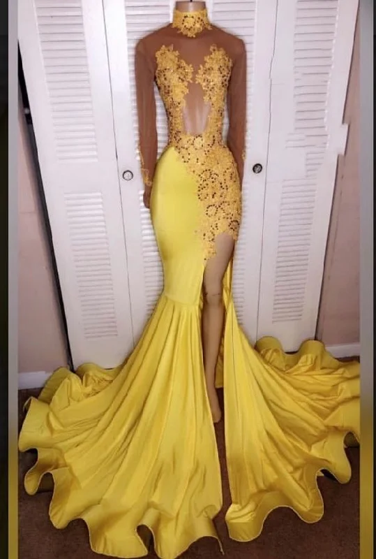 Cuffed Sleeve Evening Dress -Yellow Split Mermaid/Trumpet Long Sleeve Satin Prom Dresses C2289