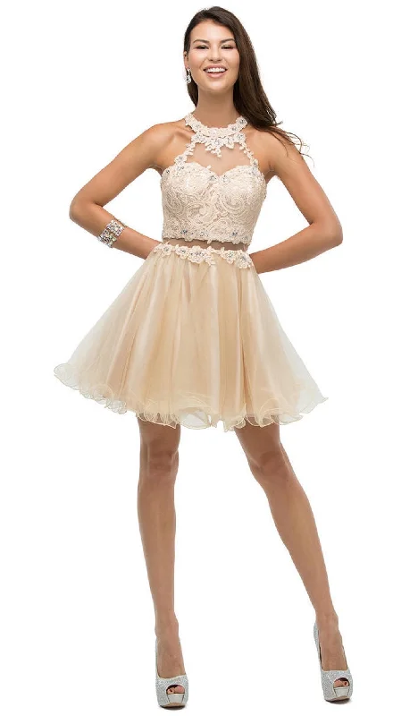 Party Dress Chiffon-Dancing Queen - 9631 Appliqued Illusion High Neck Two-Piece Cocktail Dress