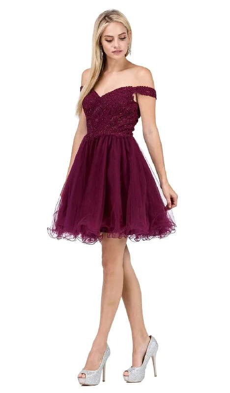 Party Dress A-line-Dancing Queen - Jeweled Lace Off Shoulder Cocktail Dress 3070