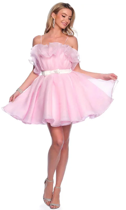 Party Dress Celestial Goddess-Dave & Johnny 11730 - Ruffled Neckline Ribbon Belt Cocktail Dress