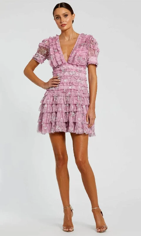 Party Dress Glitter-Ieena Duggal 8092 - Ruffled Frill Puff Sleeve Cocktail Dress