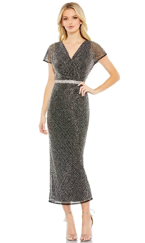 Party Dress Metallic Shine-Mac Duggal 93787 - V-Neck Tea Length Cocktail Dress