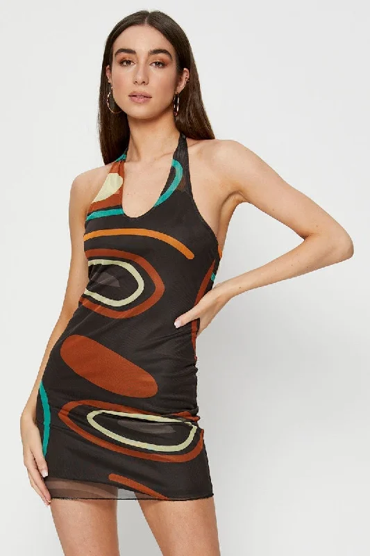 Couture Mini Dresses -Abstract Print Bodycon Dress Mini Halter Neck