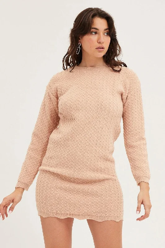 Rose Flirty Mini Dresses -Beige Dress Long Sleeve Mini Knit