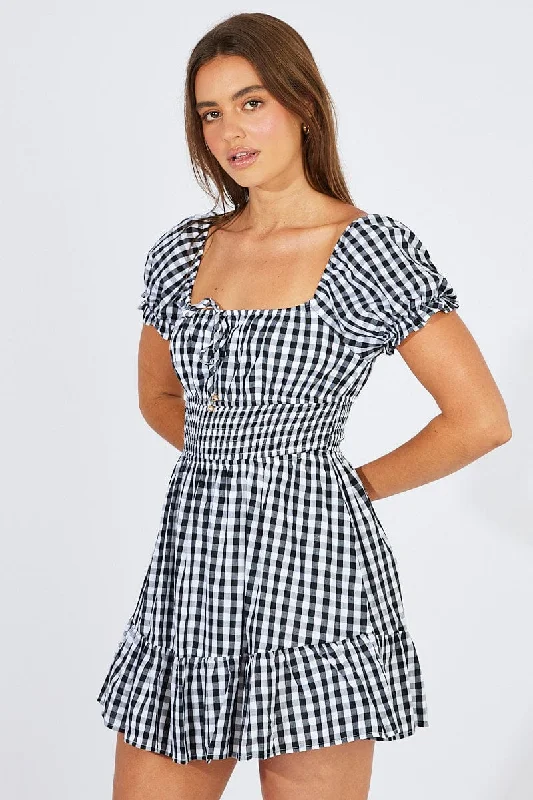 Amethyst Deep V Mini Dresses -Black Check Fit And Flare Dress Puff Sleeve Mini