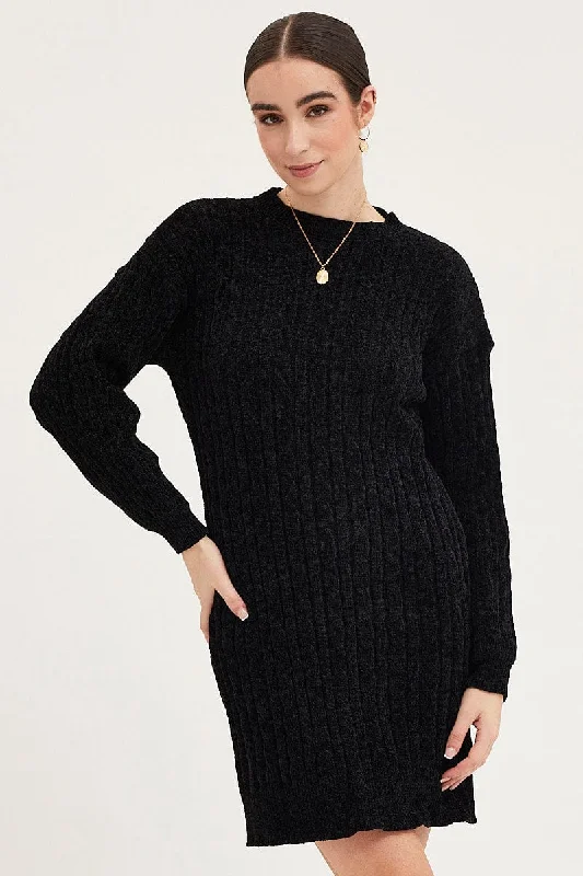 Gathered Nightlife Mini Dresses -Black Dress Long Sleeve Mini Knit