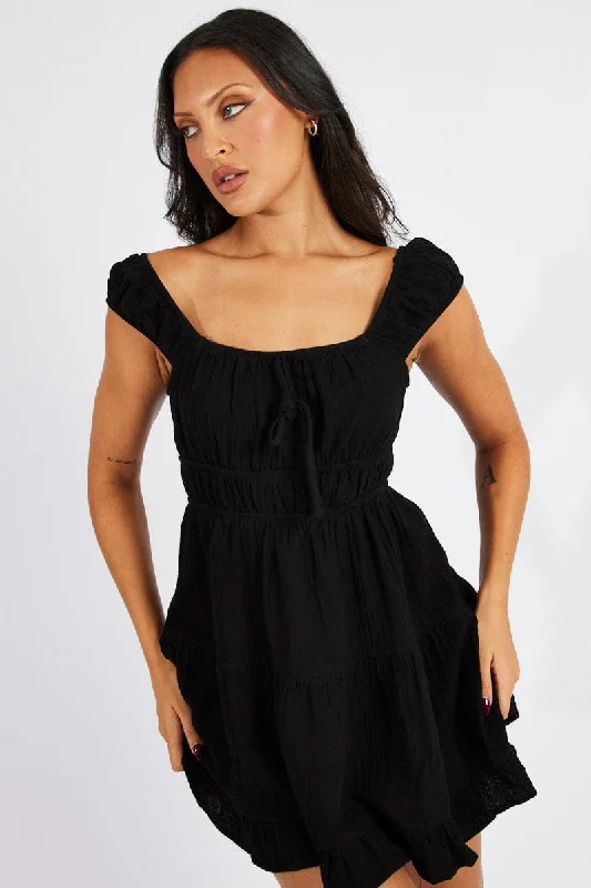 Corduroy Everyday Mini Dresses -Black Fit And Flare Dress Mini