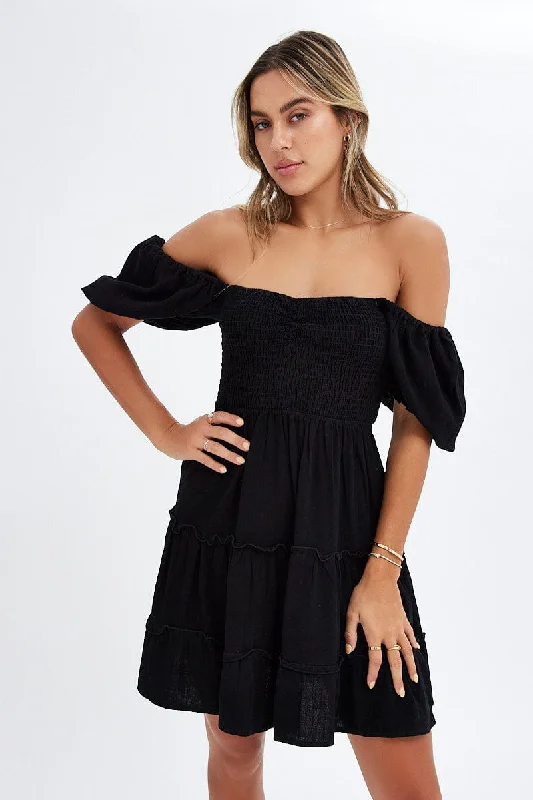 Mesh Mini Dresses -Black Fit And Flare Dress Puff Sleeve Mini