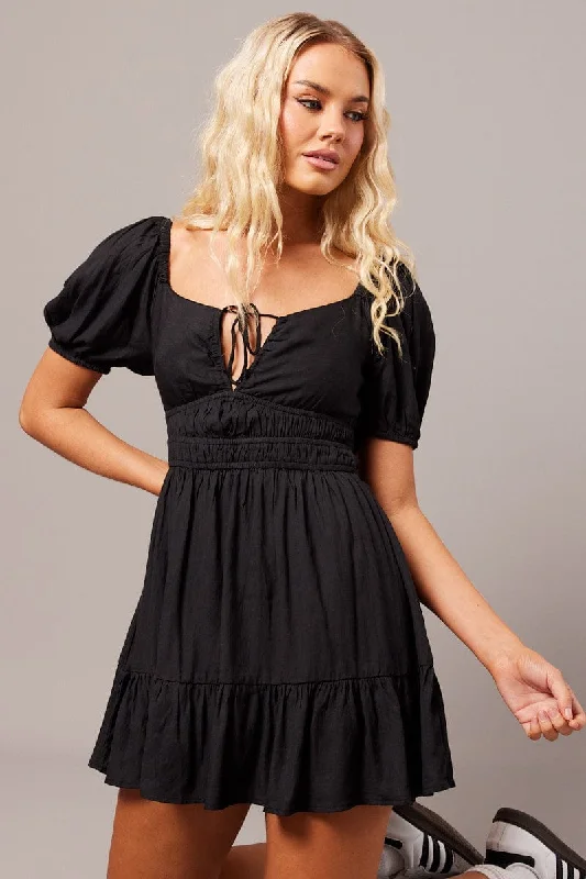 Gypsy Ivory Mini Dresses -Black Fit And Flare Dress Puff Sleeve Mini