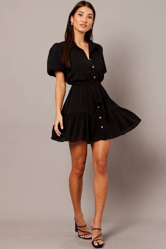 Autumn Mini Dresses -Black Fit And Flare Dress Short Sleeve Mini