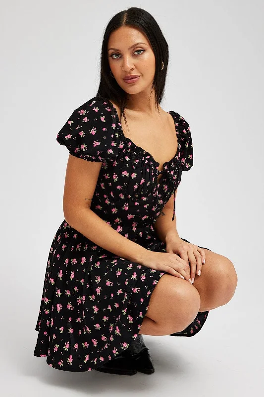 Dance Mini Dresses -Black Floral Fit And Flare Dress Puff Sleeve Mini