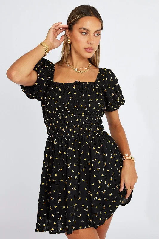 Ivory Everyday Mini Dresses -Black Floral Fit And Flare Dress Puff Sleeve Mini