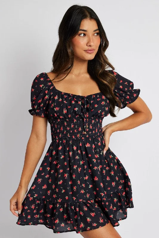 Jeweled Rose Mini Dresses -Black Floral Fit And Flare Dress Puff Sleeve Mini