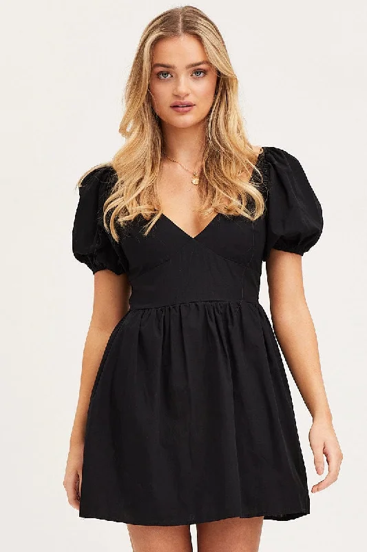 Simple Everyday Mini Dresses -Black Mini Dress Short Sleeve