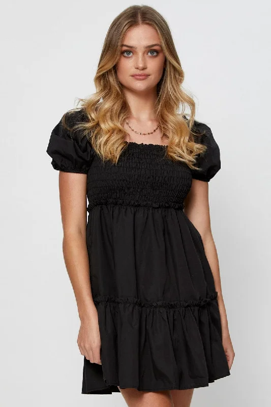 Tassel Mini Dresses -Black Mini Dress Short Sleeve Square Neck