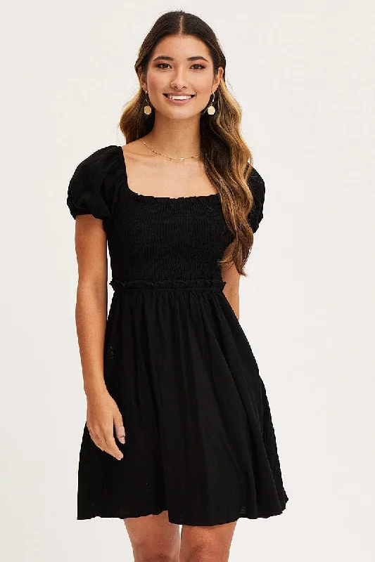 Bare Shoulder Nightlife Mini Dresses -Black Mini Dress Short Sleeve Square Neck