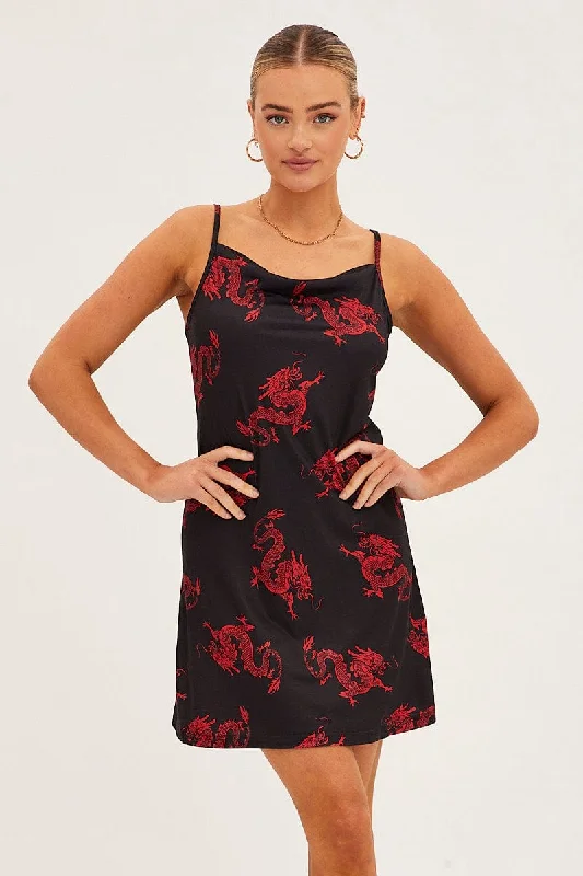 Bridal Mini Dresses -Black Print Cowl Neck Mini Dress