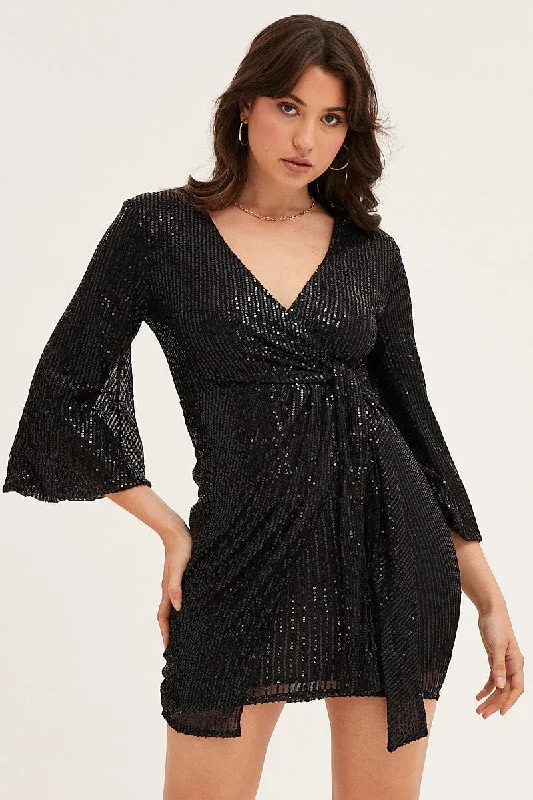 Single Shoulder Sage Mini Dresses -Black Sequin Ruffle Wrap Party Mini Dress