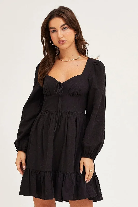 Deep V Seaside Mini Dresses -Black Skater Dress Puff Sleeve Mini