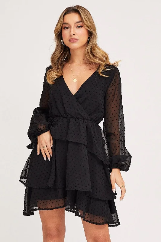 Crimson Fitted Mini Dresses -Black Tie Up Dress Long Sleeve Mini