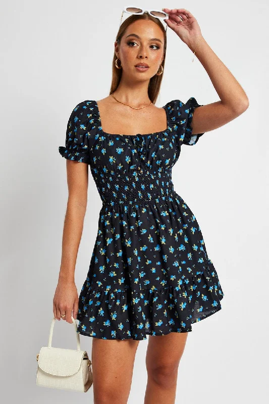 Nightlife Single Shoulder Mini Dresses -Blue Floral Fit And Flare Dress Puff Sleeve Mini