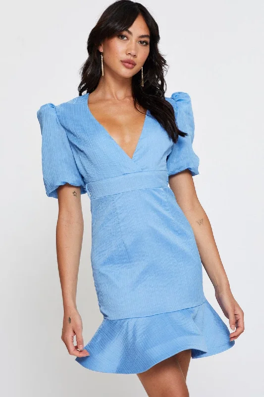 Sleek Organza Social Mini Dresses -Blue Mini Dress V Neck