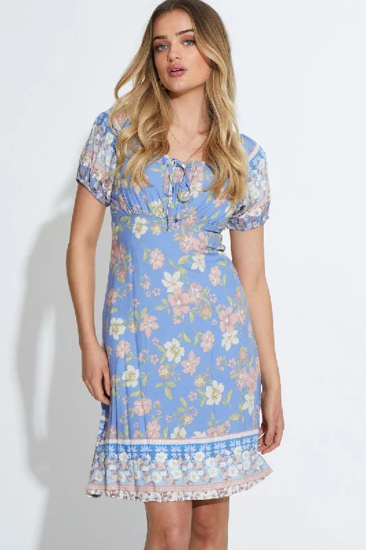 Wool Rose Mini Dresses -Boho Print Mini Dress Short Sleeve