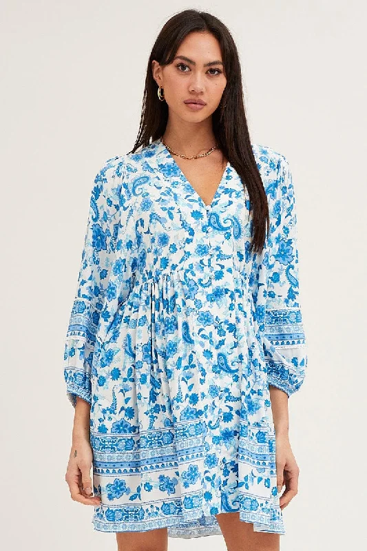 Sage Abstract Mini Dresses -Boho Print Smock Dress Long Sleeve Mini V Neck