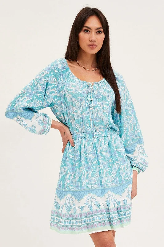 Organza Emerald Mini Dresses -Boho Print Tie Waist Dress Long Sleeve Mini