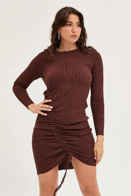 Tube Dance Mini Dresses -Brown Drawstring Dress Long Sleeve Mini