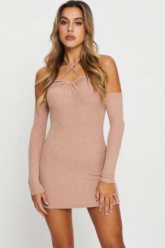 Relaxed Couture Mini Dresses -Brown Mini Dress Bodycon Halter Neck