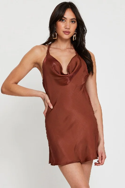 Dazzling Tangerine Mini Dresses -Brown Mini Dress Cowl Neck Satin