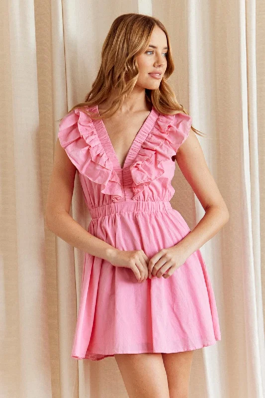 Expecting Abstract Lounge Mini Dresses -CANDY PINK Fit And Flare Dress Sleeveless Deep V Frill Mini