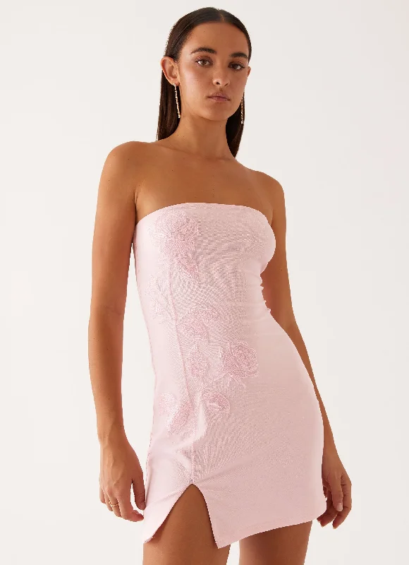 Frilled Warm Weather Mini Dresses -Enora Beaded Mini Dress - Baby Pink