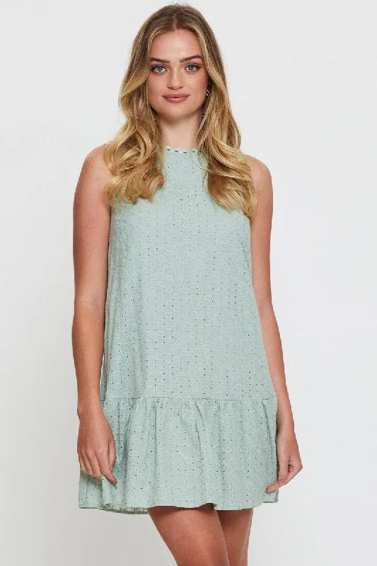 Neck Tie Mini Dresses -Green A Line Dress Mini