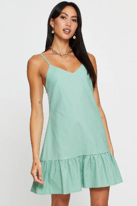 Ivory Mini Dresses -Green A Line Dress Mini V Neck