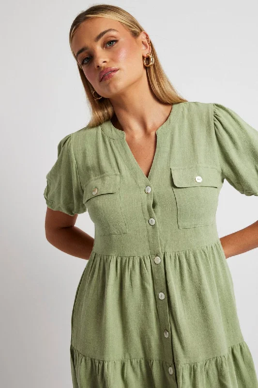 Glitter Mini Dresses -Green Button Through Mini Dress Collar Linen Blend