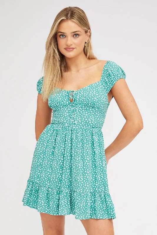 Lounge Mini Dresses -Green Ditsy Fit And Flare Dress Mini