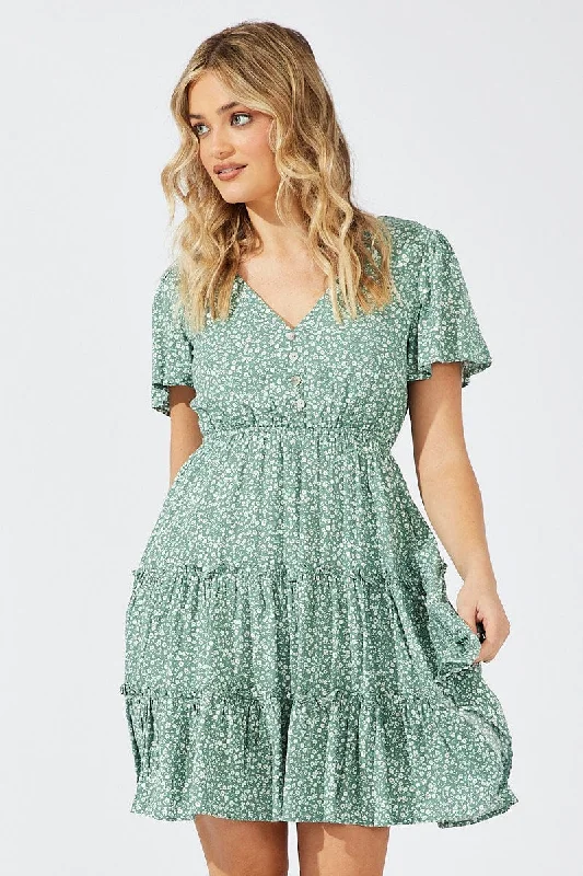 Ivory Gypsy Mini Dresses -Green Ditsy Fit And Flare Dress V-neck Mini