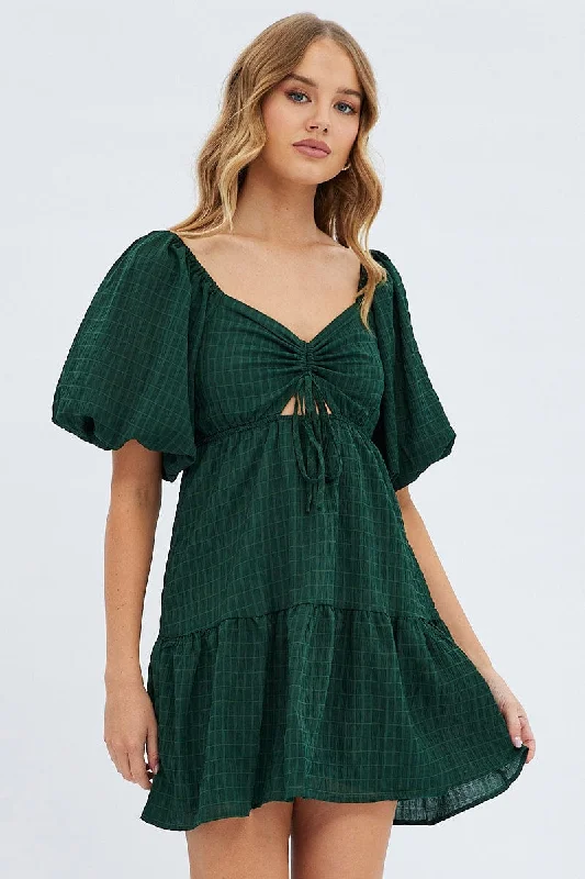 Flirty Wool Mini Dresses -Green Fit And Flare Dress Mini Ruched Bust