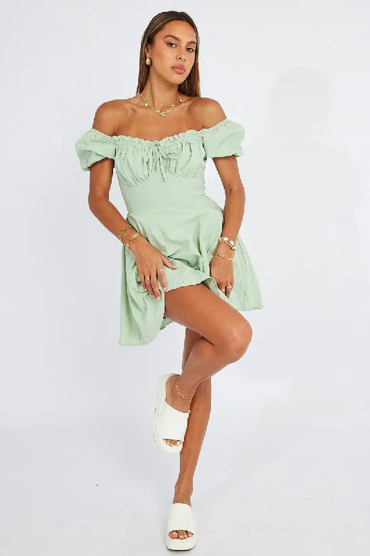 Gypsy Extravagant Mini Dresses -Green Fit And Flare Dress Puff Sleeve Mini