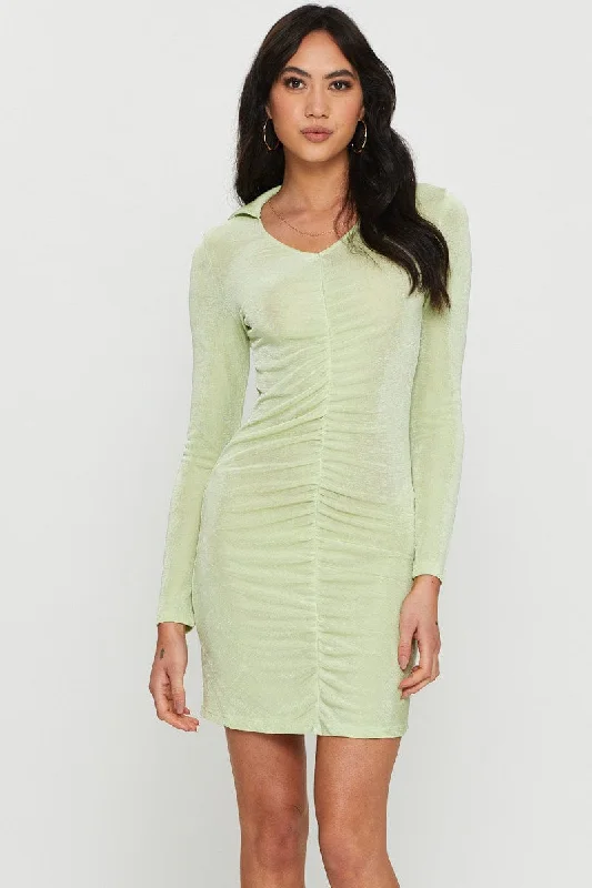 Cyan Organza Social Mini Dresses -Green Mini Dress Long Sleeve