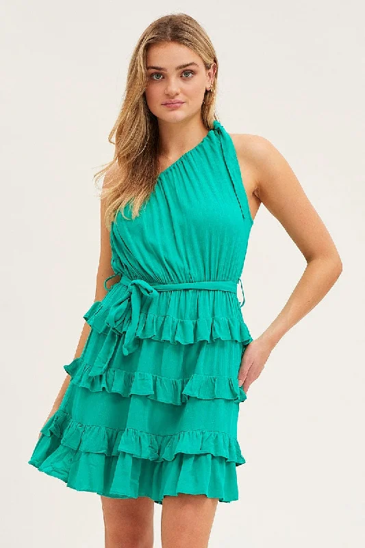 Classic Tulle Mini Dresses -Green Mini Dress One Shoulder Sleeveless