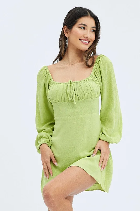 Taupe Jeweled Lounge Mini Dresses -Green Mini Dress Ruched Bust Long Sleeve