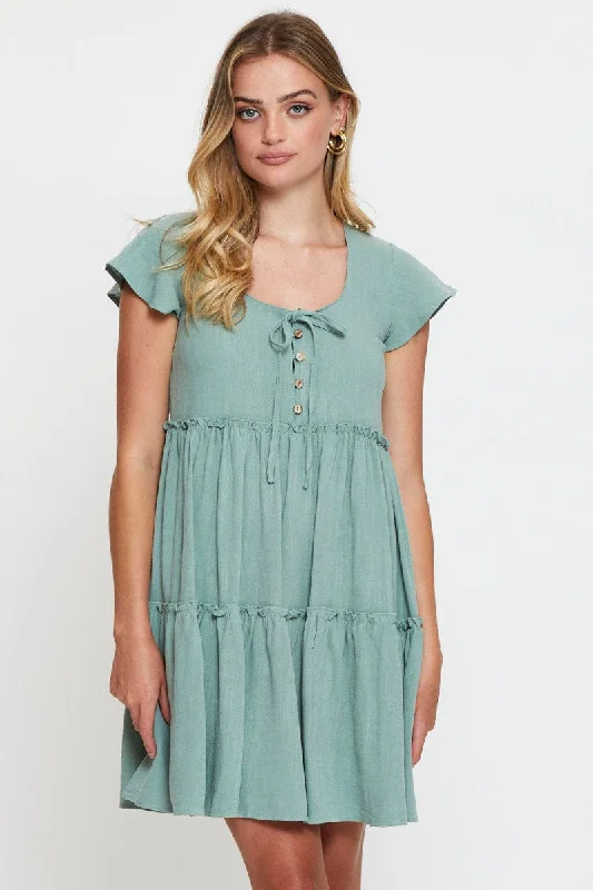 Classic Mini Dresses -Green Mini Dress Short Sleeve