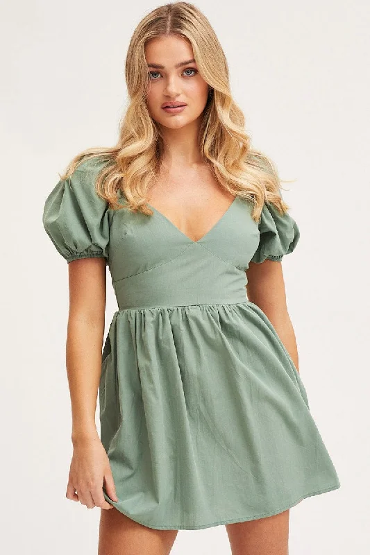 Contemporary Corduroy Everyday Mini Dresses -Green Mini Dress Short Sleeve