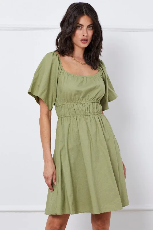 Expecting Abstract Lounge Mini Dresses -Green Mini Dress Short Sleeve Square Neck