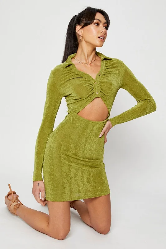 Smock Rose Mini Dresses -Green Mini Dress Slinky Jersey Cut Out