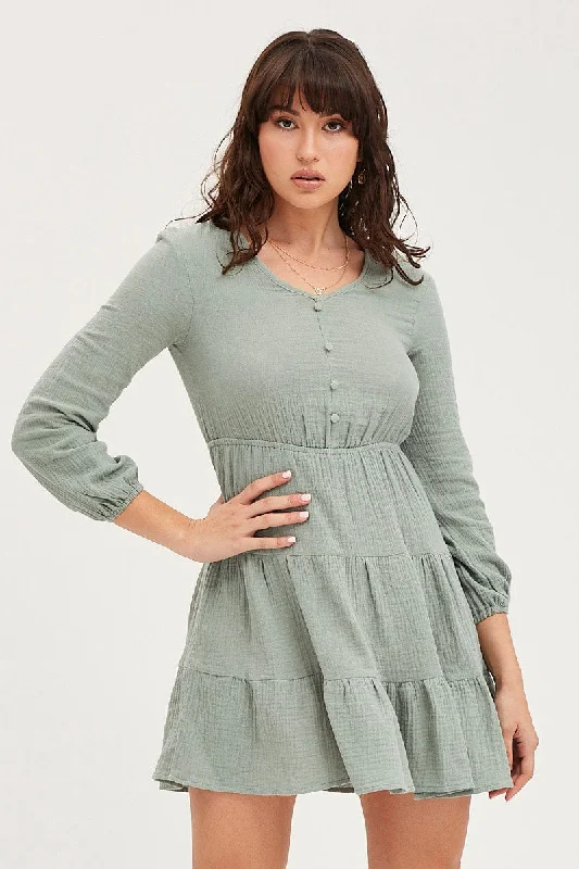 Couture Warm Weather Mini Dresses -Green Skater Dress Long Sleeve Mini